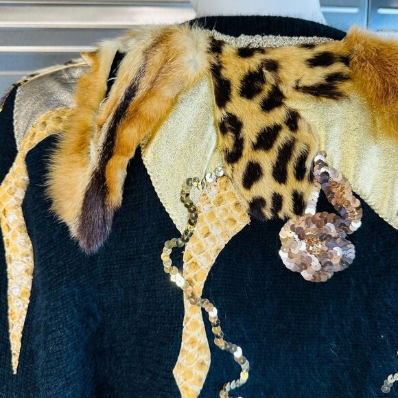Vintage Wool Fur Sequin Leather Exquisite Pullover Sweater Circa 90s - Picture 10 of 16